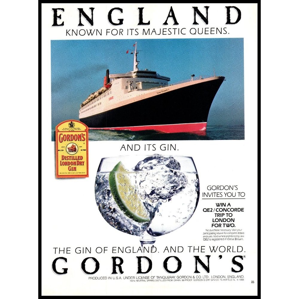 1988 Gordon's Gin Queen Elizabeth 2 QE2 Cunard Cruise Ship Vintage Print Ad Art